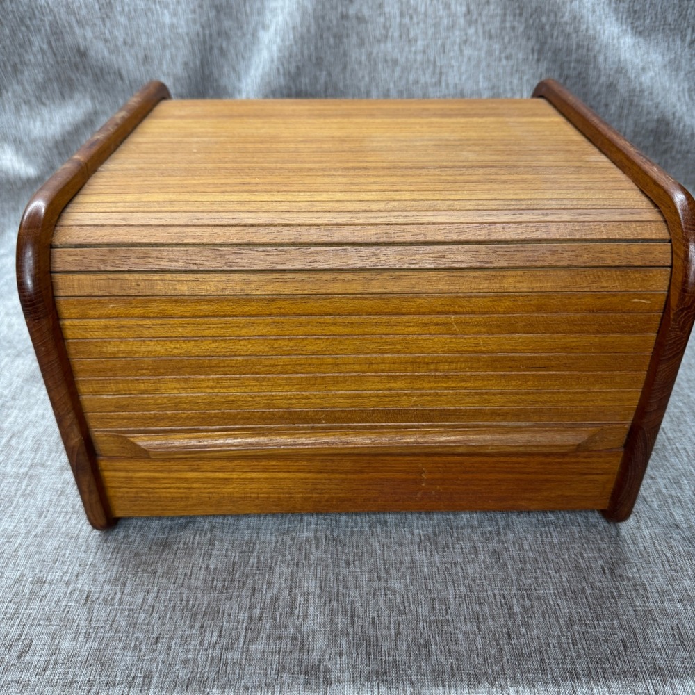 Vintage Mid Century Modern Teak Roll Top Office Desk Organizer Storage Box MCM